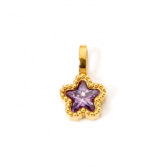 Picture of 2 PCs Eco-friendly PVD Vacuum Plating 304 Stainless Steel Galaxy Charms 14K Gold Plated Pentagram Star Purple Cubic Zirconia 14mm x 8.5mm