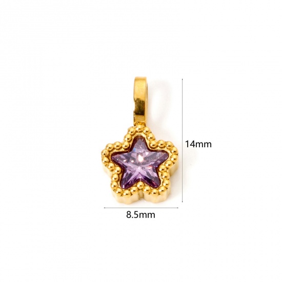 Picture of 2 PCs Eco-friendly PVD Vacuum Plating 304 Stainless Steel Galaxy Charms 14K Gold Plated Pentagram Star Purple Cubic Zirconia 14mm x 8.5mm