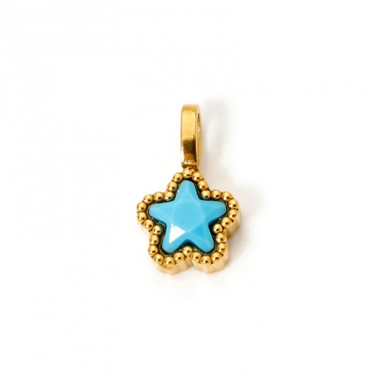 Picture of 2 PCs Eco-friendly PVD Vacuum Plating 304 Stainless Steel Galaxy Charms 14K Gold Plated Blue Pentagram Star 14mm x 8.5mm