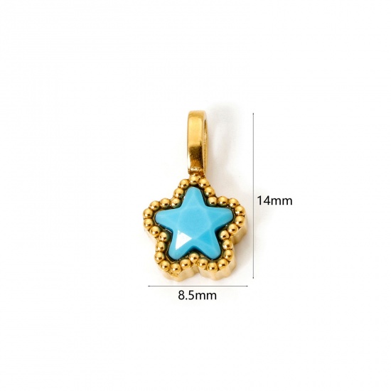 Picture of 2 PCs Eco-friendly PVD Vacuum Plating 304 Stainless Steel Galaxy Charms 14K Gold Plated Blue Pentagram Star 14mm x 8.5mm