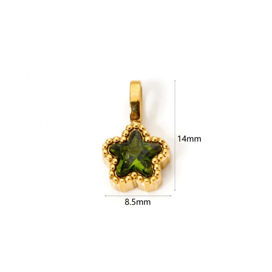 Picture of 2 PCs Eco-friendly PVD Vacuum Plating 304 Stainless Steel Galaxy Charms 14K Gold Plated Pentagram Star Green Cubic Zirconia 14mm x 8.5mm