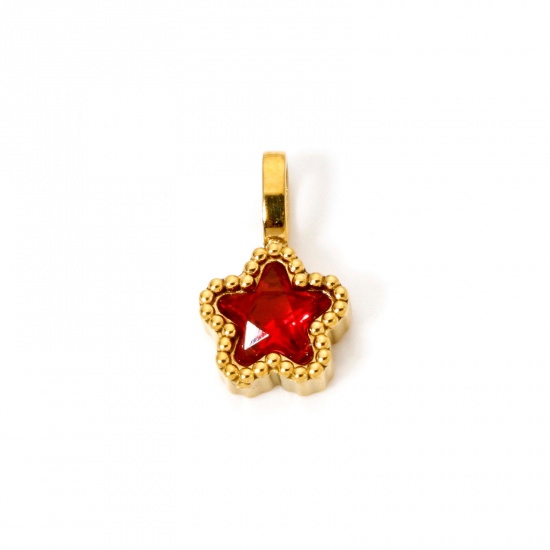 Picture of 2 PCs Eco-friendly PVD Vacuum Plating 304 Stainless Steel Galaxy Charms 14K Gold Plated Pentagram Star Red Cubic Zirconia 14mm x 8.5mm