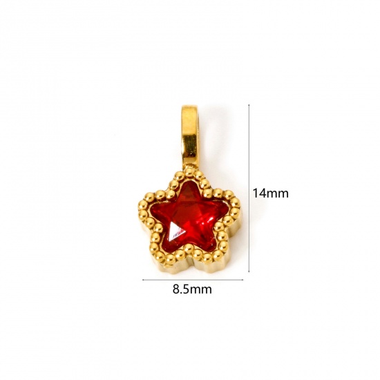 Picture of 2 PCs Eco-friendly PVD Vacuum Plating 304 Stainless Steel Galaxy Charms 14K Gold Plated Pentagram Star Red Cubic Zirconia 14mm x 8.5mm