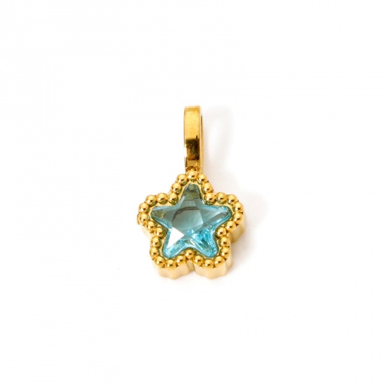 Picture of 2 PCs Eco-friendly PVD Vacuum Plating 304 Stainless Steel Galaxy Charms 14K Gold Plated Pentagram Star Light Blue Cubic Zirconia 14mm x 8.5mm