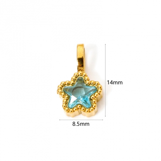 Picture of 2 PCs Eco-friendly PVD Vacuum Plating 304 Stainless Steel Galaxy Charms 14K Gold Plated Pentagram Star Light Blue Cubic Zirconia 14mm x 8.5mm