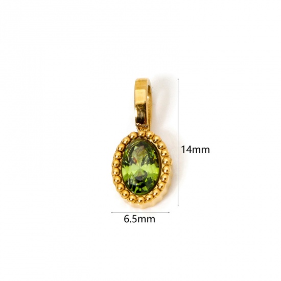 Picture of 2 PCs Eco-friendly PVD Vacuum Plating 304 Stainless Steel Charms 14K Gold Plated Oval Light Green Cubic Zirconia 14mm x 6.5mm