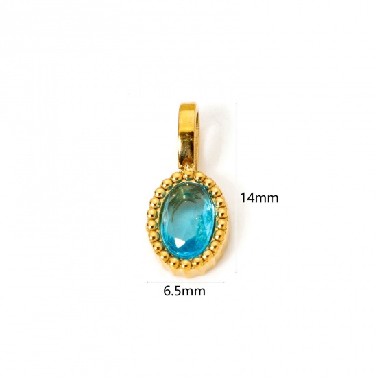 Picture of 2 PCs Eco-friendly PVD Vacuum Plating 304 Stainless Steel Charms 14K Gold Plated Oval Light Blue Cubic Zirconia 14mm x 6.5mm