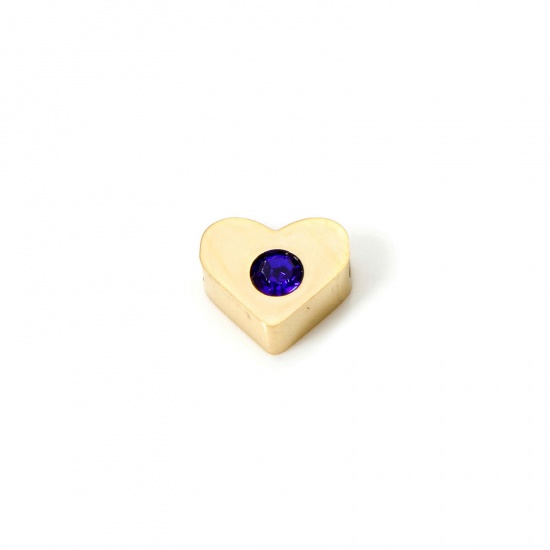 Picture of 2 PCs Eco-friendly PVD Vacuum Plating 304 Stainless Steel Birthstone Beads For DIY Jewelry Making 14K Gold Plated Heart September Royal Blue Cubic Zirconia 7mm x 6mm, Hole: Approx 1.2mm