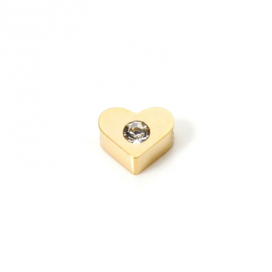 Picture of 2 PCs Eco-friendly PVD Vacuum Plating 304 Stainless Steel Birthstone Beads For DIY Jewelry Making 14K Gold Plated Heart April Clear Cubic Zirconia 7mm x 6mm, Hole: Approx 1.2mm