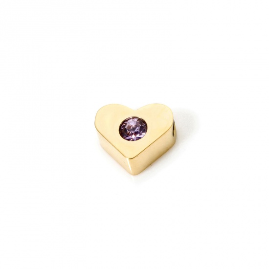 Picture of 2 PCs Eco-friendly PVD Vacuum Plating 304 Stainless Steel Birthstone Beads For DIY Jewelry Making 14K Gold Plated Heart June Mauve Cubic Zirconia 7mm x 6mm, Hole: Approx 1.2mm