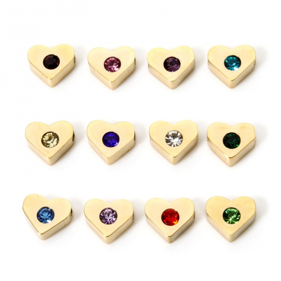 Picture of 1 Set ( 12 PCs/Set) Eco-friendly PVD Vacuum Plating 304 Stainless Steel Birthstone Beads For DIY Jewelry Making 14K Gold Plated Heart Multicolour Cubic Zirconia 7mm x 6mm, Hole: Approx 1.2mm