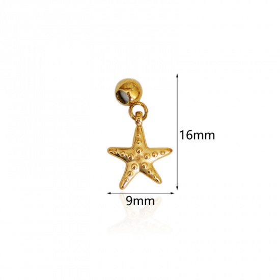 Picture of 1 Piece Eco-friendly PVD Vacuum Plating 304 Stainless Steel Slider Bead Charm Pendant 18K Gold Plated Star Fish 16mm x 9mm