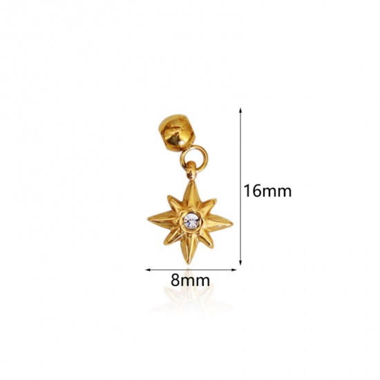 Picture of 1 Piece Eco-friendly PVD Vacuum Plating 304 Stainless Steel Slider Bead Charm Pendant 18K Gold Plated Star 16mm x 8mm