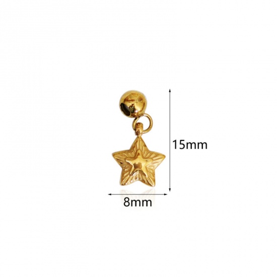 Picture of 1 Piece Eco-friendly PVD Vacuum Plating 304 Stainless Steel Slider Bead Charm Pendant 18K Gold Plated Pentagram Star 15mm x 8mm