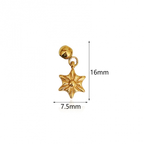 Picture of 1 Piece Eco-friendly PVD Vacuum Plating 304 Stainless Steel Slider Bead Charm Pendant 18K Gold Plated Snowflake 16mm x 7.5mm