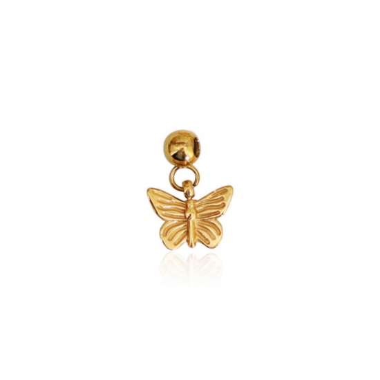 Picture of 1 Piece Eco-friendly PVD Vacuum Plating 304 Stainless Steel Slider Bead Charm Pendant 18K Gold Plated Butterfly 13mm x 9mm