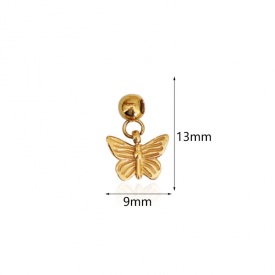 Picture of 1 Piece Eco-friendly PVD Vacuum Plating 304 Stainless Steel Slider Bead Charm Pendant 18K Gold Plated Butterfly 13mm x 9mm