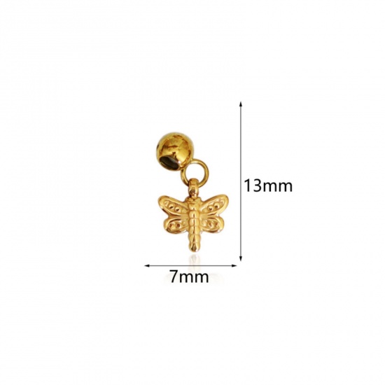 Picture of 1 Piece Eco-friendly PVD Vacuum Plating 304 Stainless Steel Slider Bead Charm Pendant 18K Gold Plated Dragonfly 13mm x 7mm