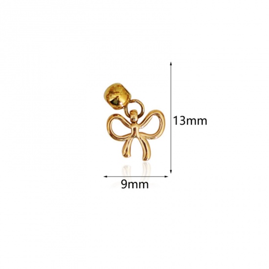 Picture of 1 Piece Eco-friendly PVD Vacuum Plating 304 Stainless Steel Slider Bead Charm Pendant 18K Gold Plated Bowknot 13mm x 9mm