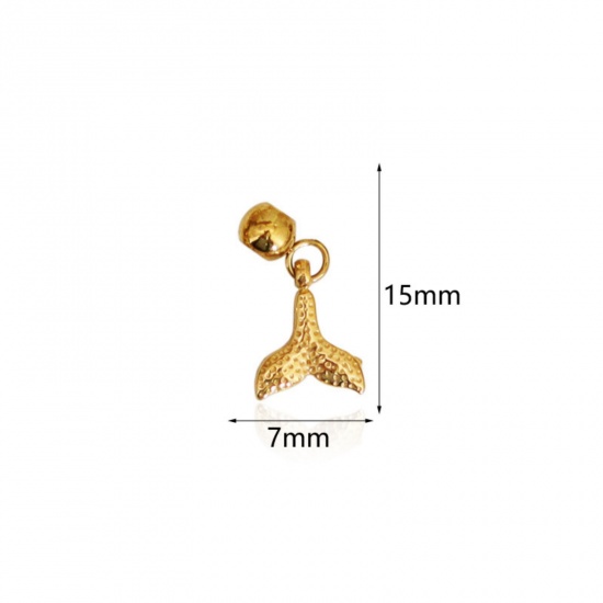 Picture of 1 Piece Eco-friendly PVD Vacuum Plating 304 Stainless Steel Slider Bead Charm Pendant 18K Gold Plated Fishtail 15mm x 7mm