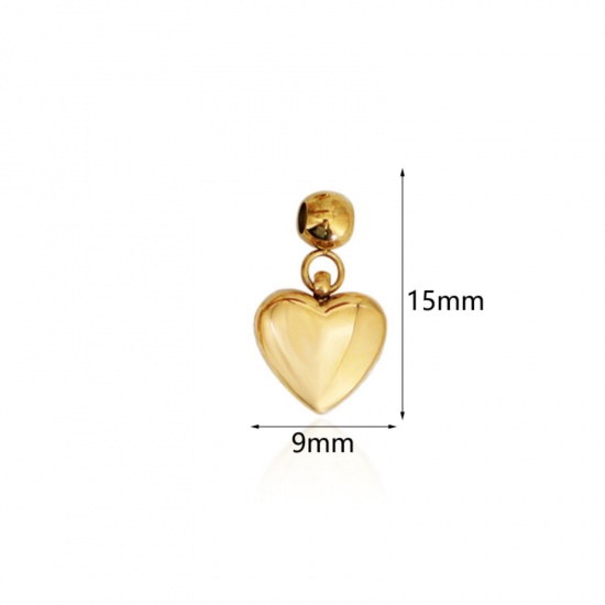 Picture of 1 Piece Eco-friendly PVD Vacuum Plating 304 Stainless Steel Slider Bead Charm Pendant 18K Gold Plated Heart 15mm x 9mm