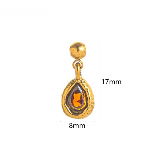 Picture of 1 Piece Eco-friendly PVD Vacuum Plating 304 Stainless Steel Birthstone Charms 18K Gold Plated January Swipeable Coffee Cubic Zirconia 17mm x 8mm