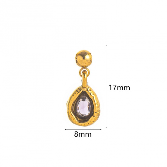 Picture of 1 Piece Eco-friendly PVD Vacuum Plating 304 Stainless Steel Birthstone Charms 18K Gold Plated February Swipeable Purple Cubic Zirconia 17mm x 8mm