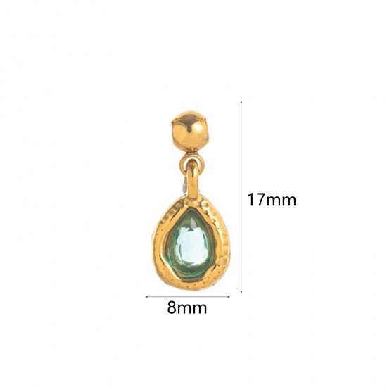 Picture of 1 Piece Eco-friendly PVD Vacuum Plating 304 Stainless Steel Birthstone Charms 18K Gold Plated March Swipeable Aqua Blue Cubic Zirconia 17mm x 8mm