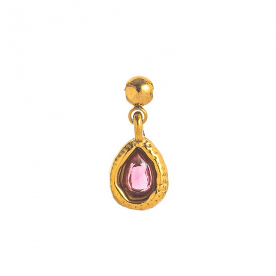 Picture of 1 Piece Eco-friendly PVD Vacuum Plating 304 Stainless Steel Birthstone Charms 18K Gold Plated July Swipeable Fuchsia Cubic Zirconia 17mm x 8mm