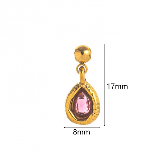 Picture of 1 Piece Eco-friendly PVD Vacuum Plating 304 Stainless Steel Birthstone Charms 18K Gold Plated July Swipeable Fuchsia Cubic Zirconia 17mm x 8mm