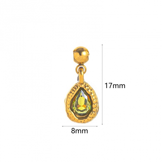 Picture of 1 Piece Eco-friendly PVD Vacuum Plating 304 Stainless Steel Birthstone Charms 18K Gold Plated August Swipeable Olive Green Cubic Zirconia 17mm x 8mm