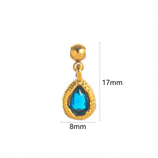 Picture of 1 Piece Eco-friendly PVD Vacuum Plating 304 Stainless Steel Birthstone Charms 18K Gold Plated September Swipeable Royal Blue Cubic Zirconia 17mm x 8mm