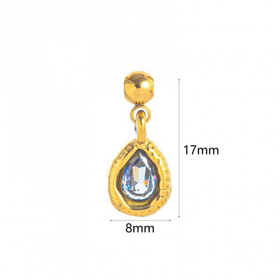 Picture of 1 Piece Eco-friendly PVD Vacuum Plating 304 Stainless Steel Birthstone Charms 18K Gold Plated December Swipeable Light Blue Cubic Zirconia 17mm x 8mm