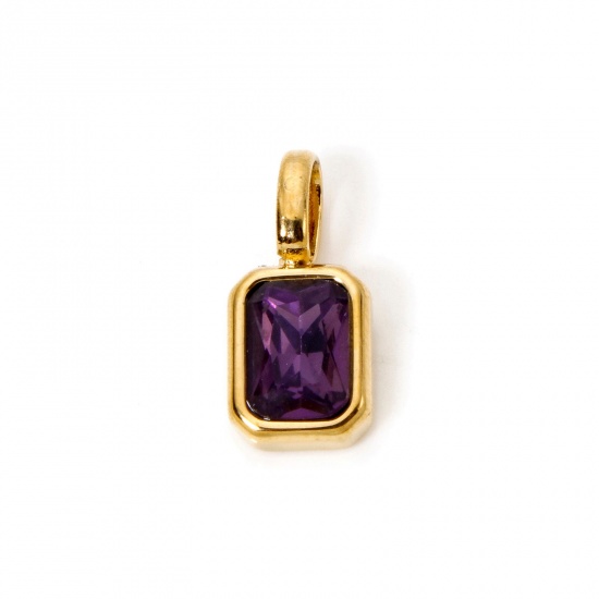 Picture of 1 Piece Eco-friendly PVD Vacuum Plating 304 Stainless Steel Birthstone Charms 18K Gold Plated Octagon February Purple Cubic Zirconia 16mm x 7mm