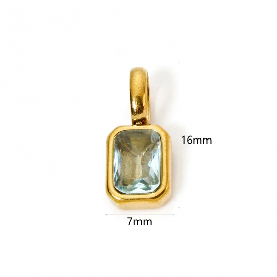 Picture of 1 Piece Eco-friendly PVD Vacuum Plating 304 Stainless Steel Birthstone Charms 18K Gold Plated Octagon March Aqua Blue Cubic Zirconia 16mm x 7mm