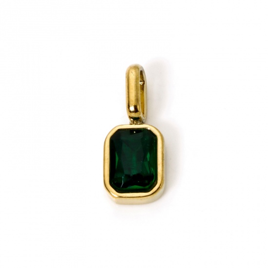 Picture of 1 Piece Eco-friendly PVD Vacuum Plating 304 Stainless Steel Birthstone Charms 18K Gold Plated Octagon May Emerald Cubic Zirconia 16mm x 7mm