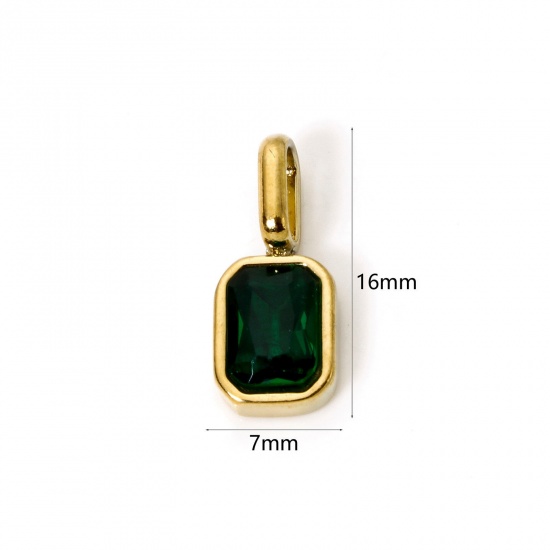 Picture of 1 Piece Eco-friendly PVD Vacuum Plating 304 Stainless Steel Birthstone Charms 18K Gold Plated Octagon May Emerald Cubic Zirconia 16mm x 7mm