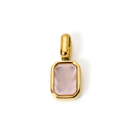 Picture of 1 Piece Eco-friendly PVD Vacuum Plating 304 Stainless Steel Birthstone Charms 18K Gold Plated Octagon June Light Pink Cubic Zirconia 16mm x 7mm