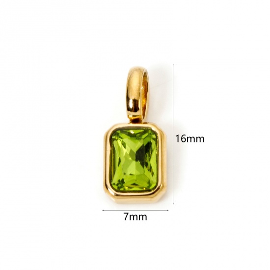 Picture of 1 Piece Eco-friendly PVD Vacuum Plating 304 Stainless Steel Birthstone Charms 18K Gold Plated Octagon August Olive Green Cubic Zirconia 16mm x 7mm