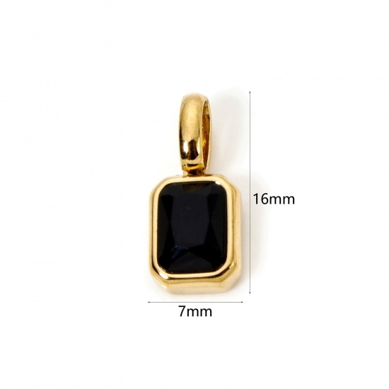 Picture of 1 Piece Eco-friendly PVD Vacuum Plating 304 Stainless Steel Birthstone Charms 18K Gold Plated Octagon September Black Cubic Zirconia 16mm x 7mm