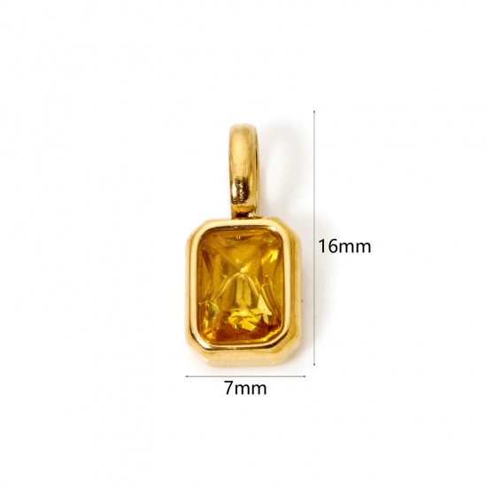 Picture of 1 Piece Eco-friendly PVD Vacuum Plating 304 Stainless Steel Birthstone Charms 18K Gold Plated Octagon November Champagne Cubic Zirconia 16mm x 7mm