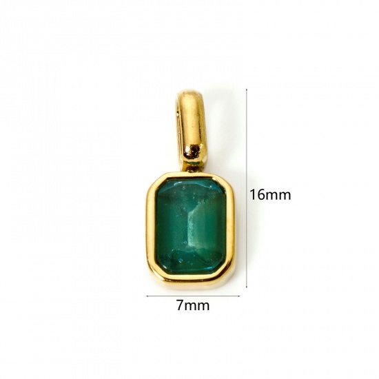 Picture of 1 Piece Eco-friendly PVD Vacuum Plating 304 Stainless Steel Birthstone Charms 18K Gold Plated Octagon December Green Cubic Zirconia 16mm x 7mm