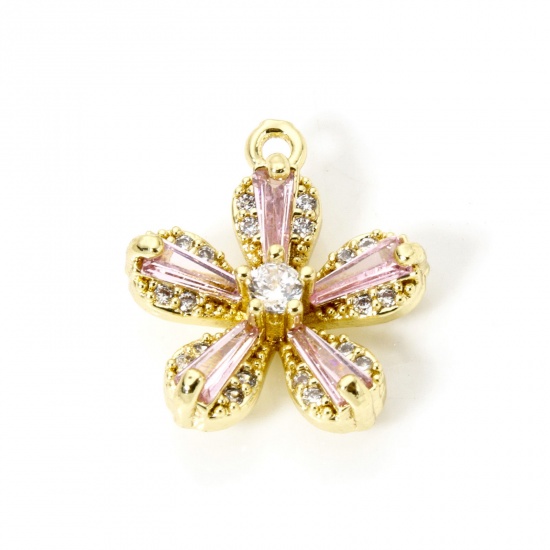 Picture of 2 PCs Brass Charms 18K Gold Plated Flower Micro Pave Clear Cubic Zirconia Pink Rhinestone 16mm x 14mm