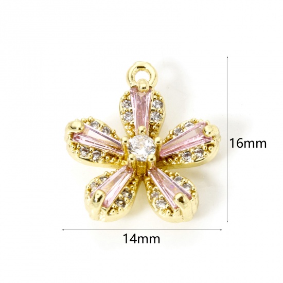 Picture of 2 PCs Brass Charms 18K Gold Plated Flower Micro Pave Clear Cubic Zirconia Pink Rhinestone 16mm x 14mm