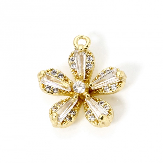 Picture of 2 PCs Brass Charms 18K Gold Plated Flower Micro Pave Clear Cubic Zirconia Clear Rhinestone 16mm x 14mm