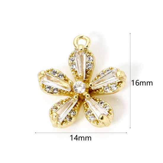 Picture of 2 PCs Brass Charms 18K Gold Plated Flower Micro Pave Clear Cubic Zirconia Clear Rhinestone 16mm x 14mm