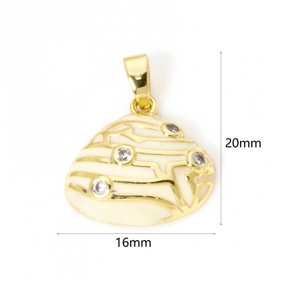 Picture of 2 PCs Brass Charm Pendant 18K Gold Plated Yellow Shell Enamel Clear Cubic Zirconia 20mm x 16mm