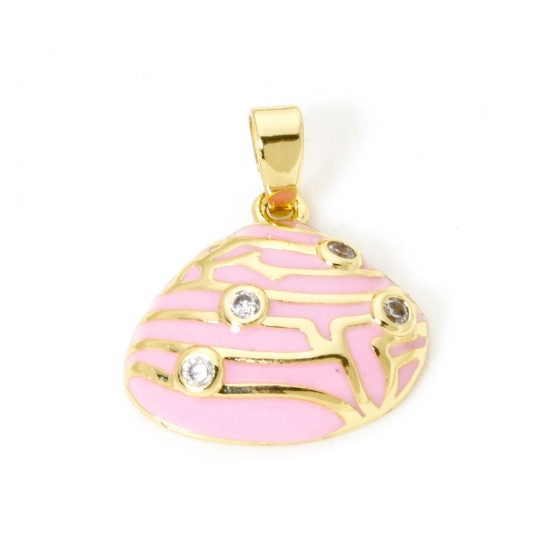 Picture of 2 PCs Brass Charm Pendant 18K Gold Plated Pink Shell Enamel Clear Cubic Zirconia 20mm x 16mm