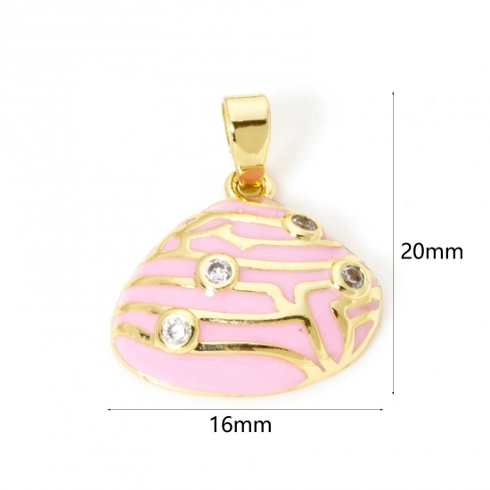 Picture of 2 PCs Brass Charm Pendant 18K Gold Plated Pink Shell Enamel Clear Cubic Zirconia 20mm x 16mm