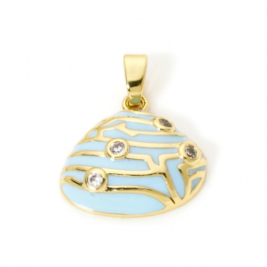 Picture of 2 PCs Brass Charm Pendant 18K Gold Plated Blue Shell Enamel Clear Cubic Zirconia 20mm x 16mm